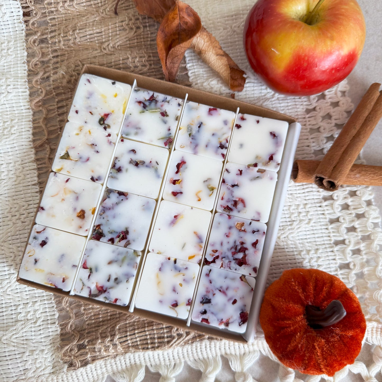 Autumn Dreams wax melt collection by BHOMESCENT, 12 botanical soy wax melts with dried petals, displayed with apple, cinnamon sticks, and pumpkin décor
