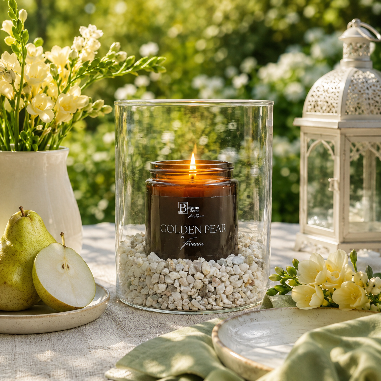 Garden Candle with Hurricane Glass Vase - Golden Pear and Freesia with decorative stones, styled as an outdoor candle for garden table decor.