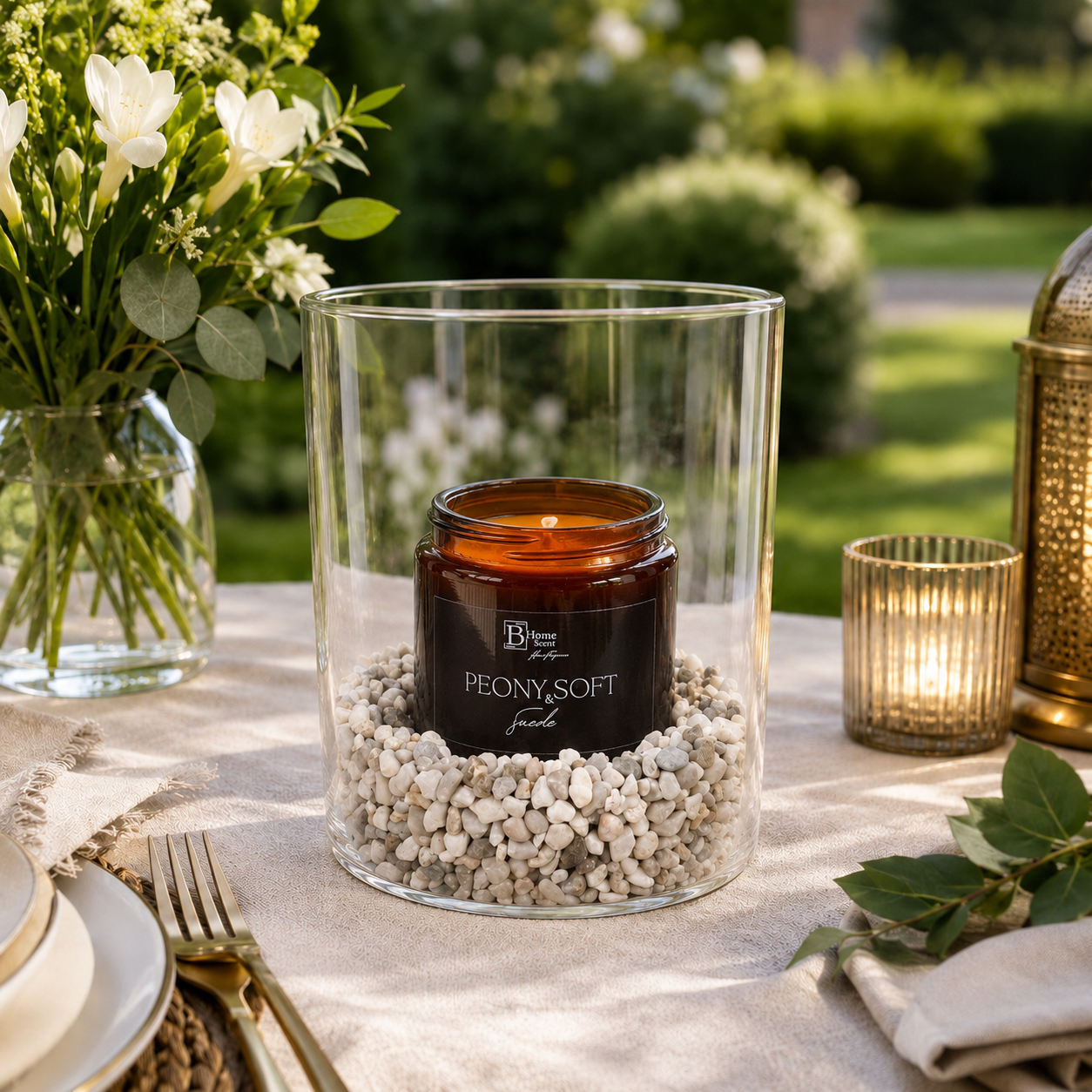 Garden Candle with Hurricane Glass Vase – Peony and Soft Suede with decorative stones, styled for outdoor garden table decor.