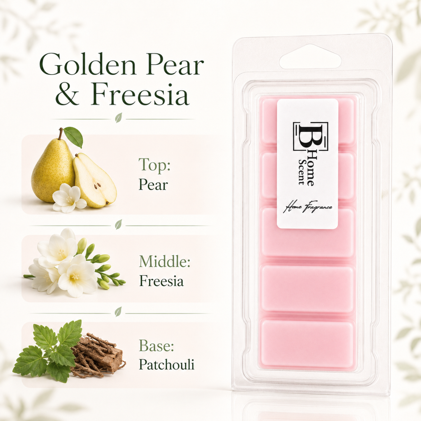 Golden Pear and Freesia wax melt snap bar with fragrance notes of juicy pear, soft freesia and earthy patchouli.