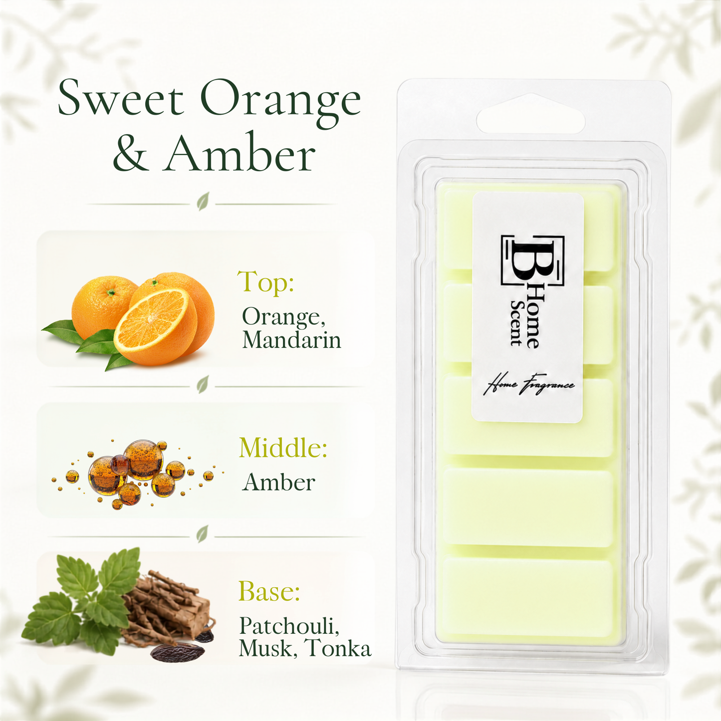 Sweet Orange and Amber wax melt snap bar with notes of orange, mandarin, amber, patchouli, musk and tonka bean.