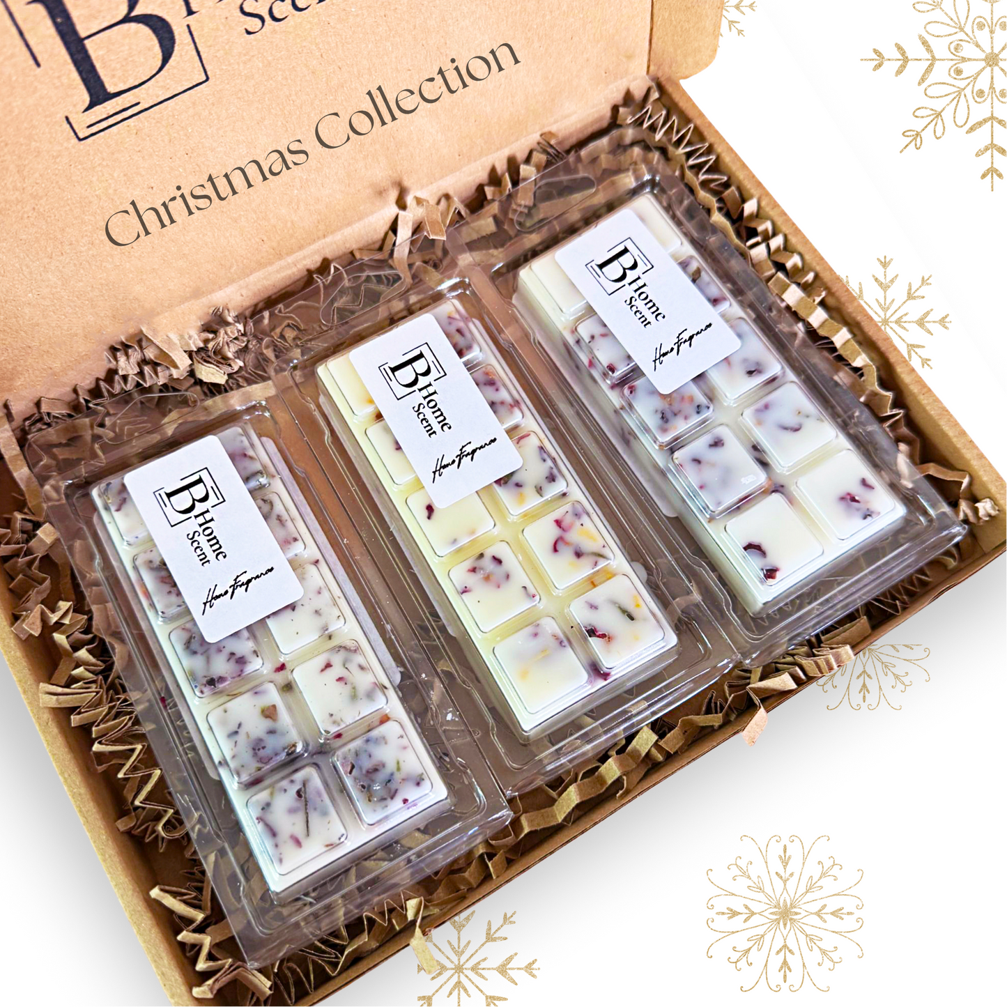 Box of Christmas wax melt snap bar Collection wax melts on a white background
