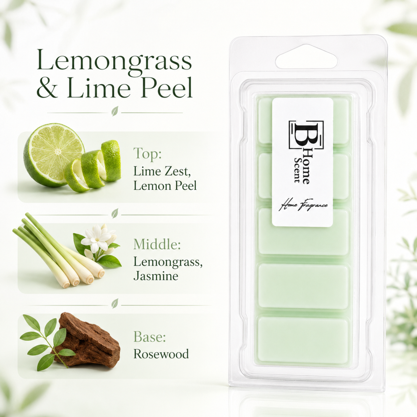 Lemongrass and Lime Peel wax melt snap bar with notes of lime zest, lemon peel, lemongrass, jasmine and rosewood.
