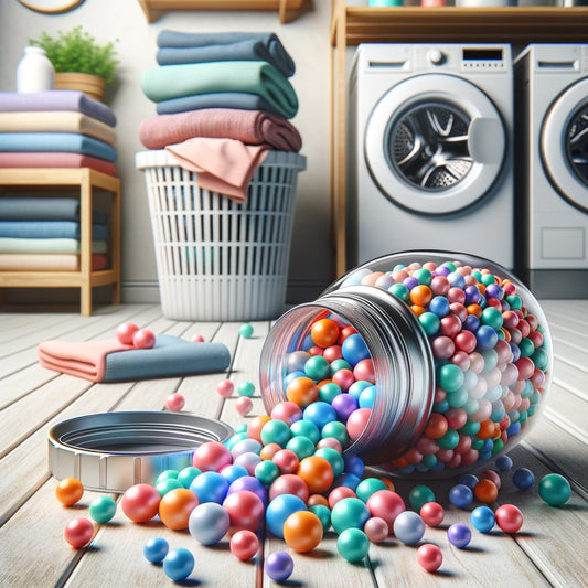 Colorful laundry scent booster beads in an open bottle beside a washing machine, illustrating their use and potential impact on indoor air quality and environmental health