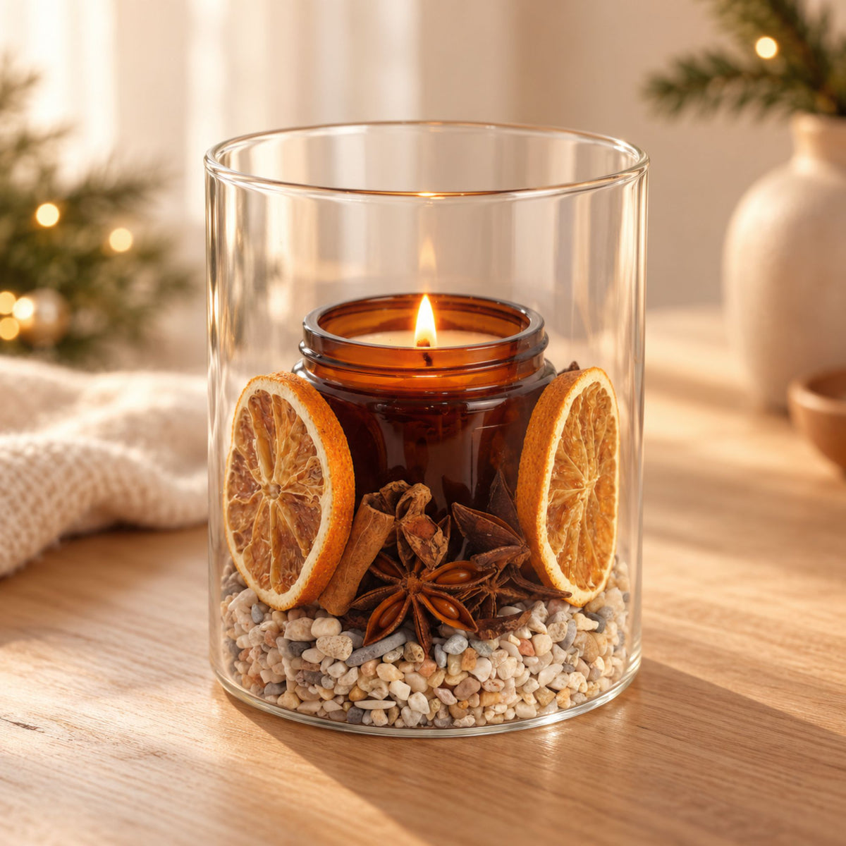 Christmas Scented Candle with glass hurricane holder and natural decorations on a wooden table.