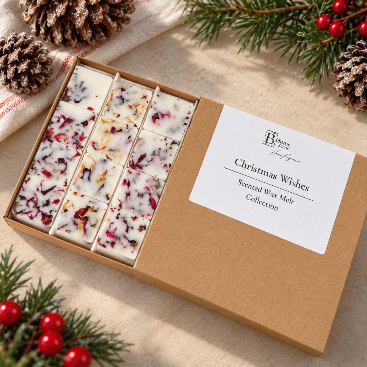 Christmas Wishes wax melt collection gift box with festive botanical wax melts by BHOMESCENT
