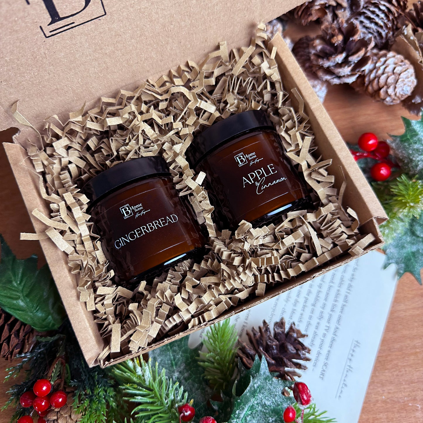 Christmas candle gift set with Gingerbread and Apple Cinnamon candles in gift box