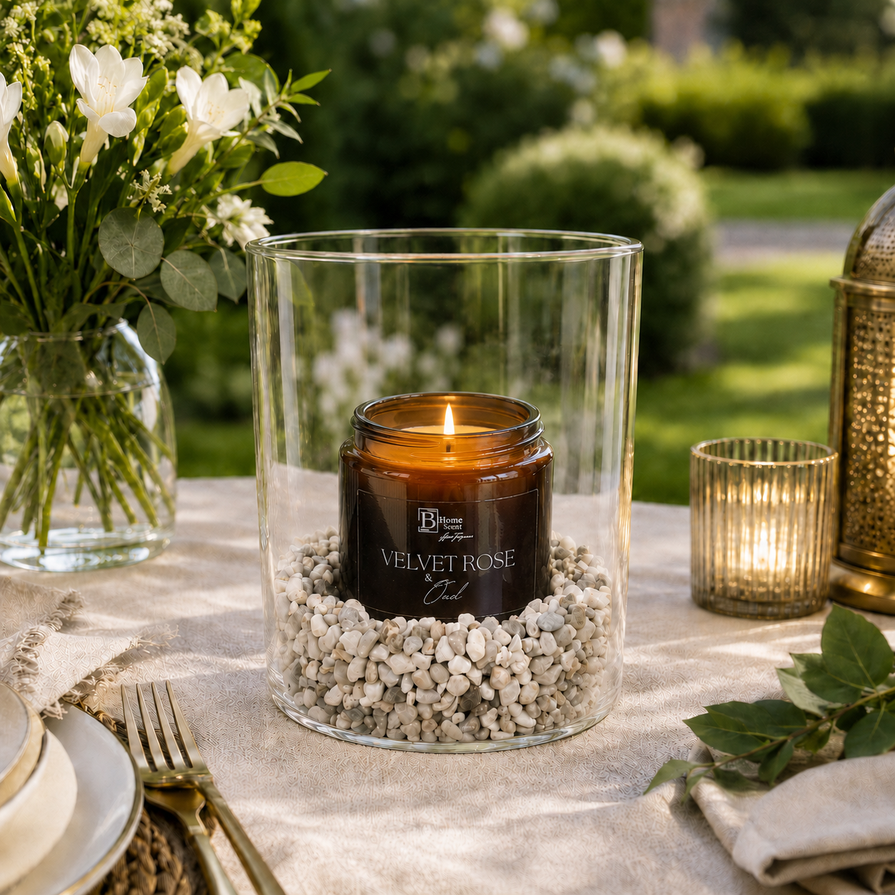 Garden Candle with Hurricane Glass Vase - Velvet Rose and Oud with decorative stones, styled as an outdoor candle for garden table decor.