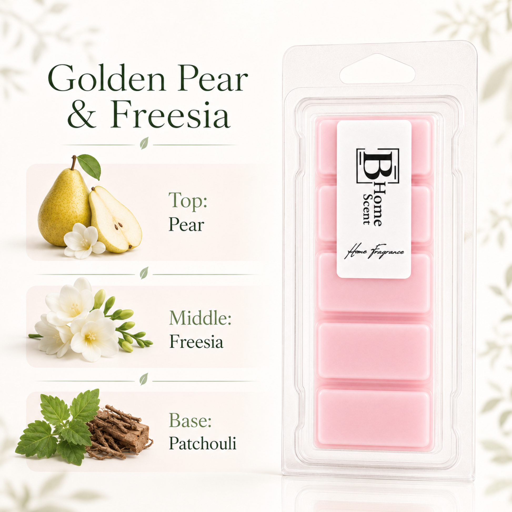 Golden Pear and Freesia wax melt snap bar with fragrance notes of juicy pear, soft freesia and earthy patchouli.