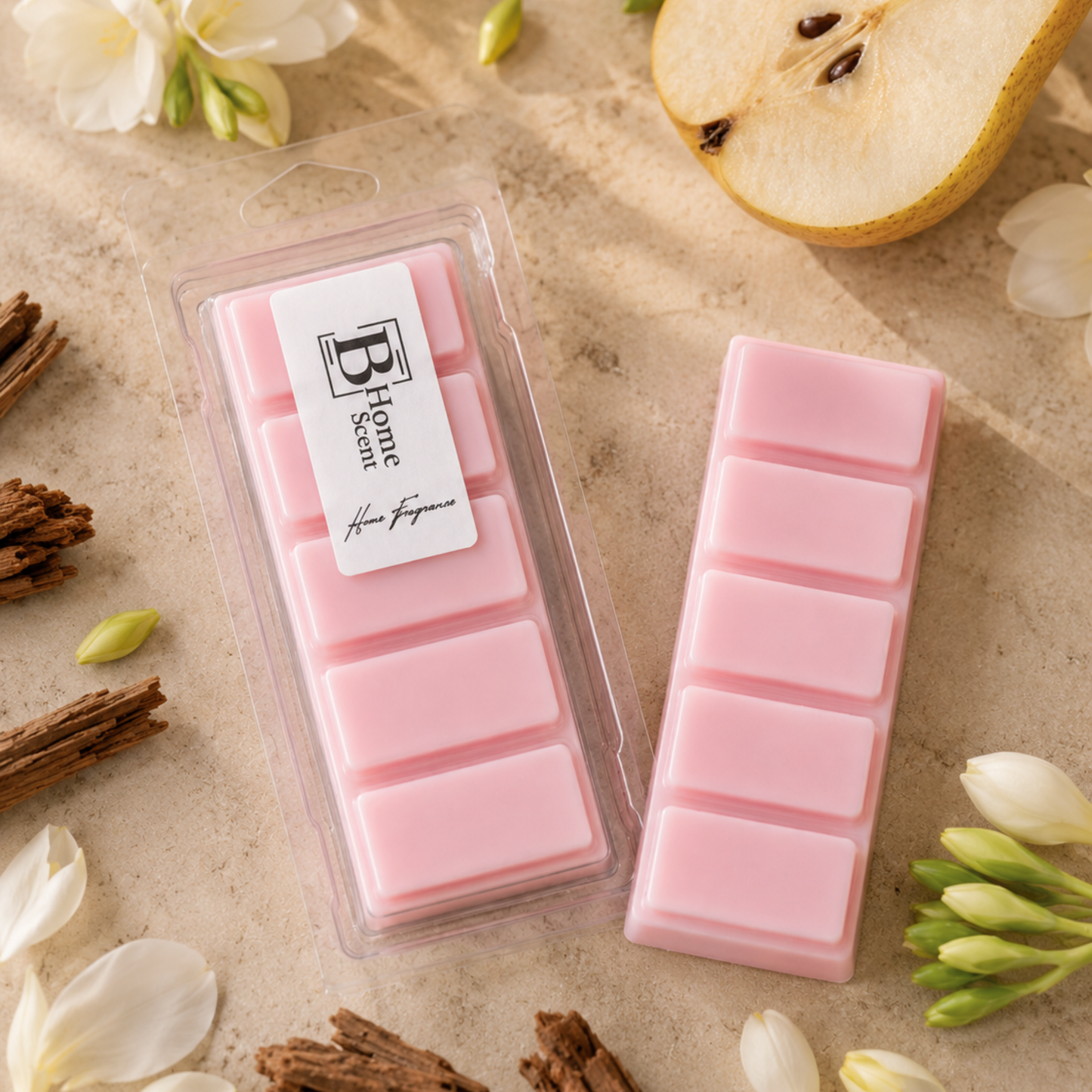 Golden Pear and Freesia pink wax melt snap bar styled with fresh pear, white freesia flowers and natural wood.