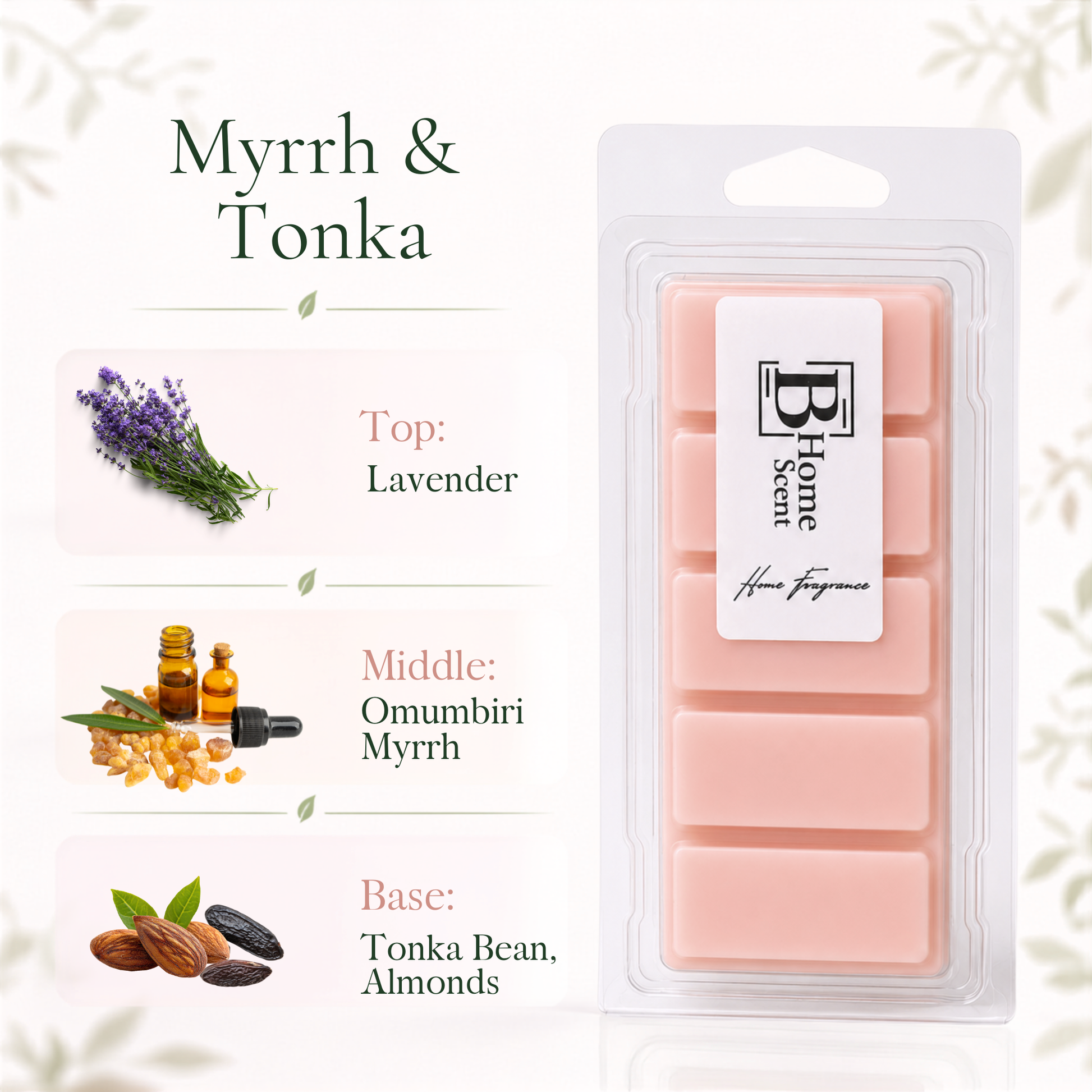 BHOMESCENT Myrrh and Tonka wax melt snap bar with fragrance notes of lavender, Omumbiri myrrh, tonka bean and almonds.