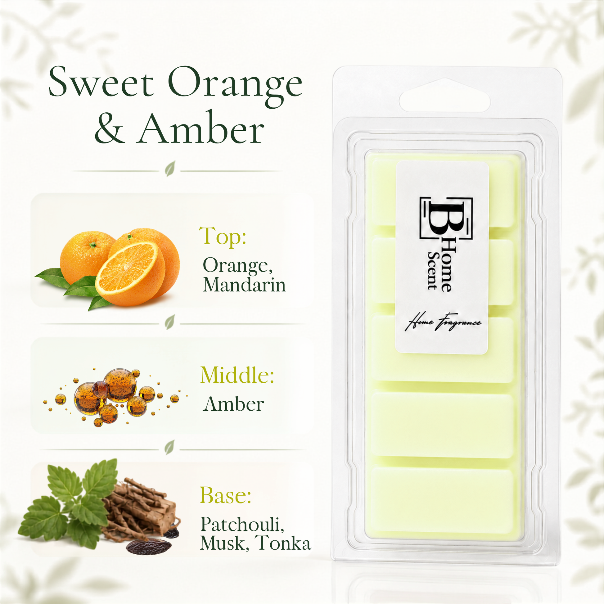Sweet Orange and Amber wax melt snap bar with notes of orange, mandarin, amber, patchouli, musk and tonka bean.