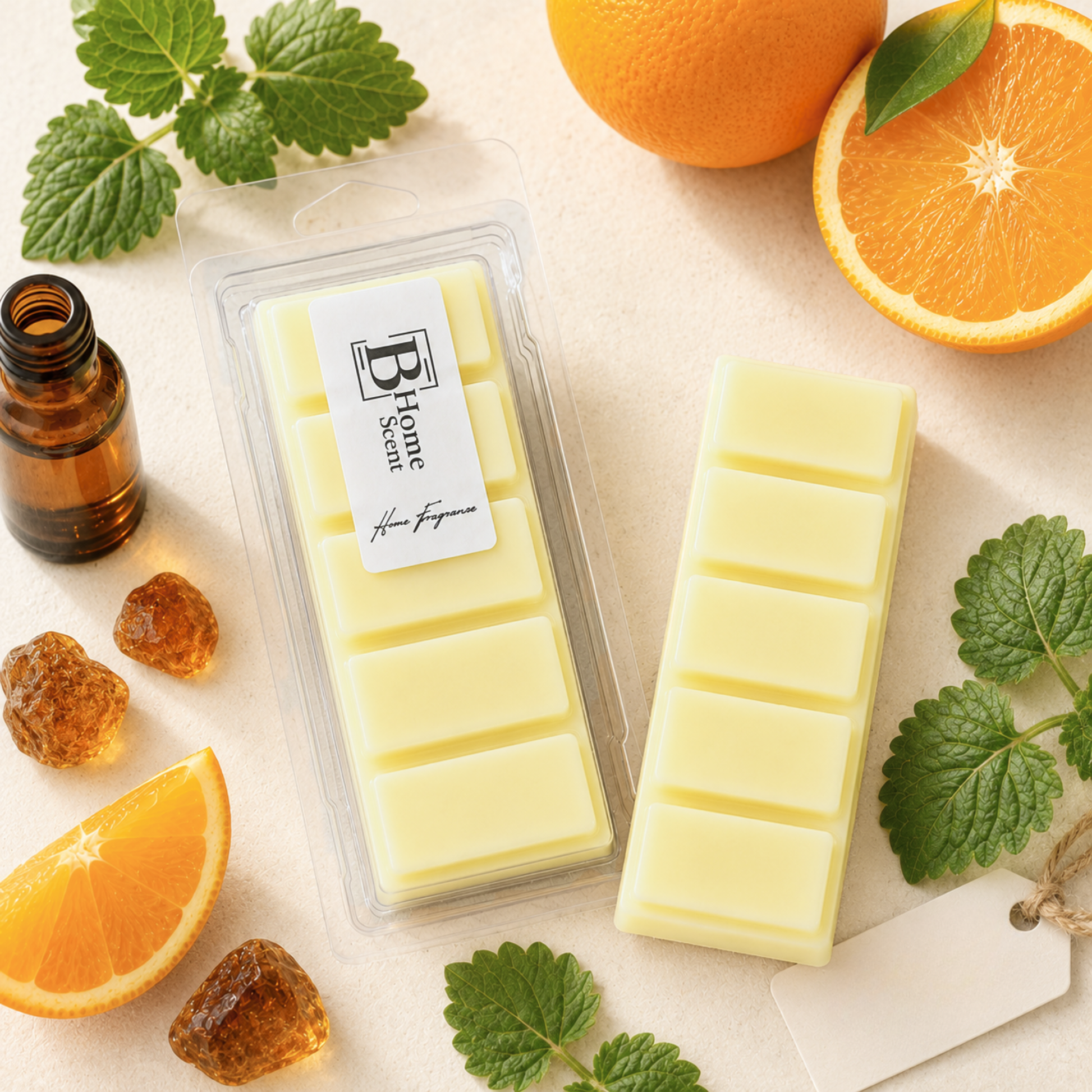 Sweet Orange and Amber yellow wax melt snap bar styled with fresh oranges, amber pieces and green patchouli leaves.