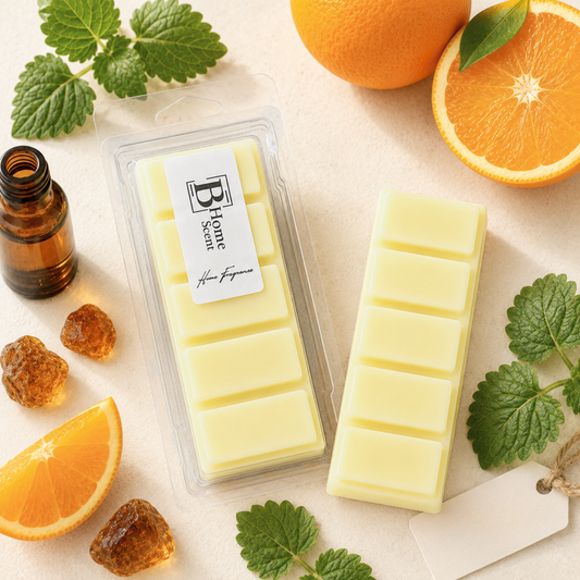 Sweet Orange and Amber yellow wax melt snap bar styled with fresh oranges, amber pieces and green patchouli leaves.