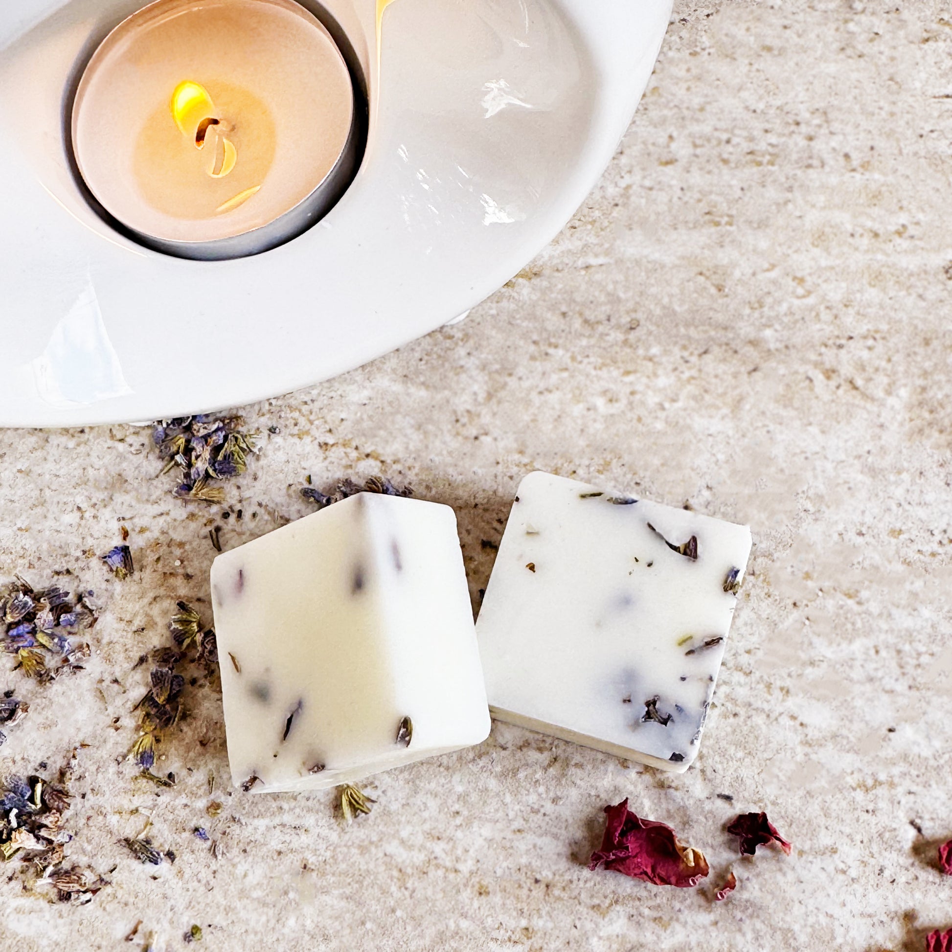 Handmade botanical Chocolate Truffle and Posh Honey Wax Melts UK with dried flowers, creamy white wax cubes on neutral background