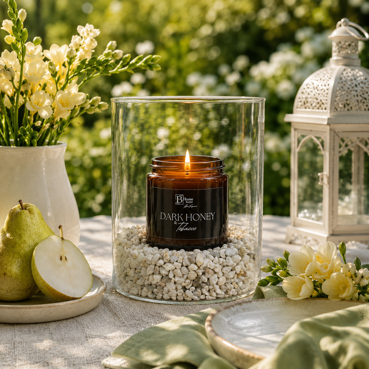 Garden Candle with Hurricane Glass Vase - Dark Honey & Tobacco