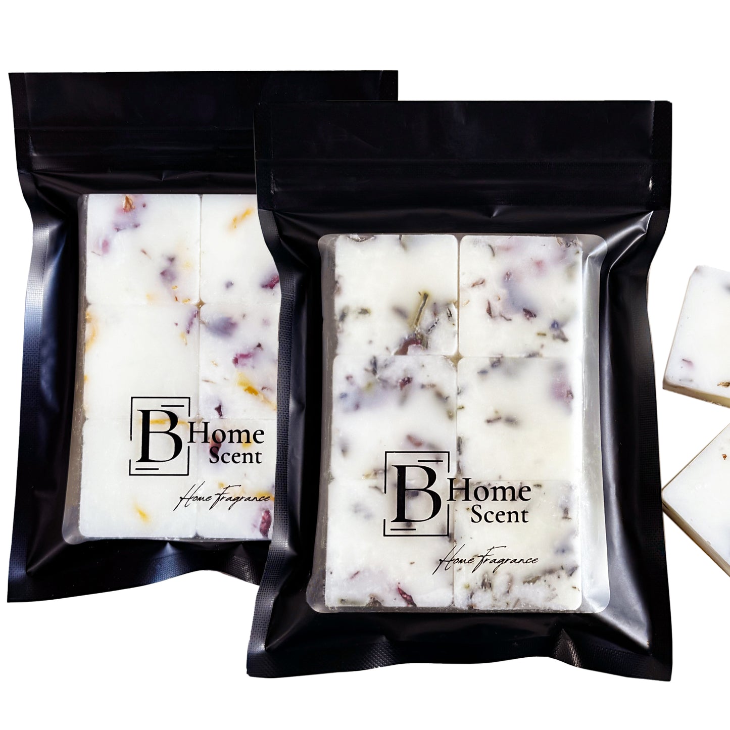 Two packages of B Home Scent scented wax melts with visible branding on a white background