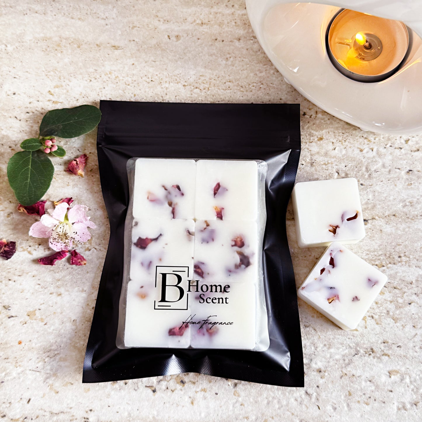 Golden pear and freesia wax melts handmade wax melts UK with dried rose petals