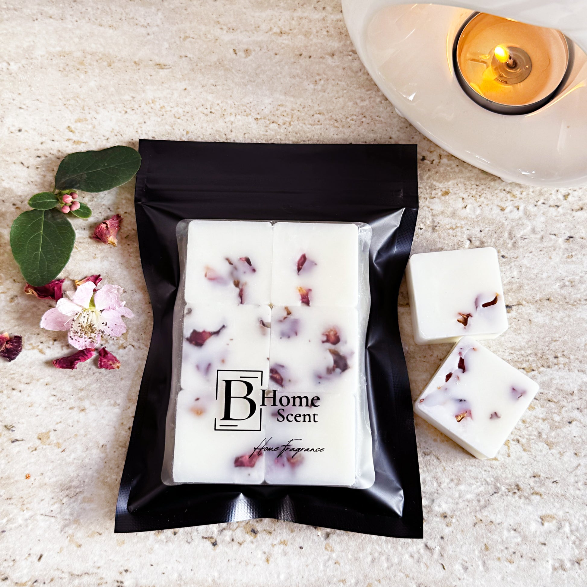 Golden pear and freesia wax melts handmade wax melts UK with dried rose petals