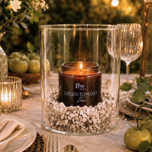 garden candle with hurricane jar - green tomato vine. 