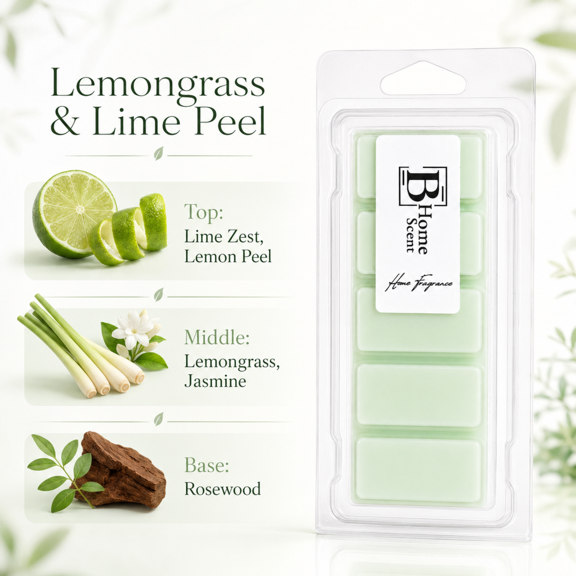 Lemongrass and Lime Peel wax melt snap bar with notes of lime zest, lemon peel, lemongrass, jasmine and rosewood.