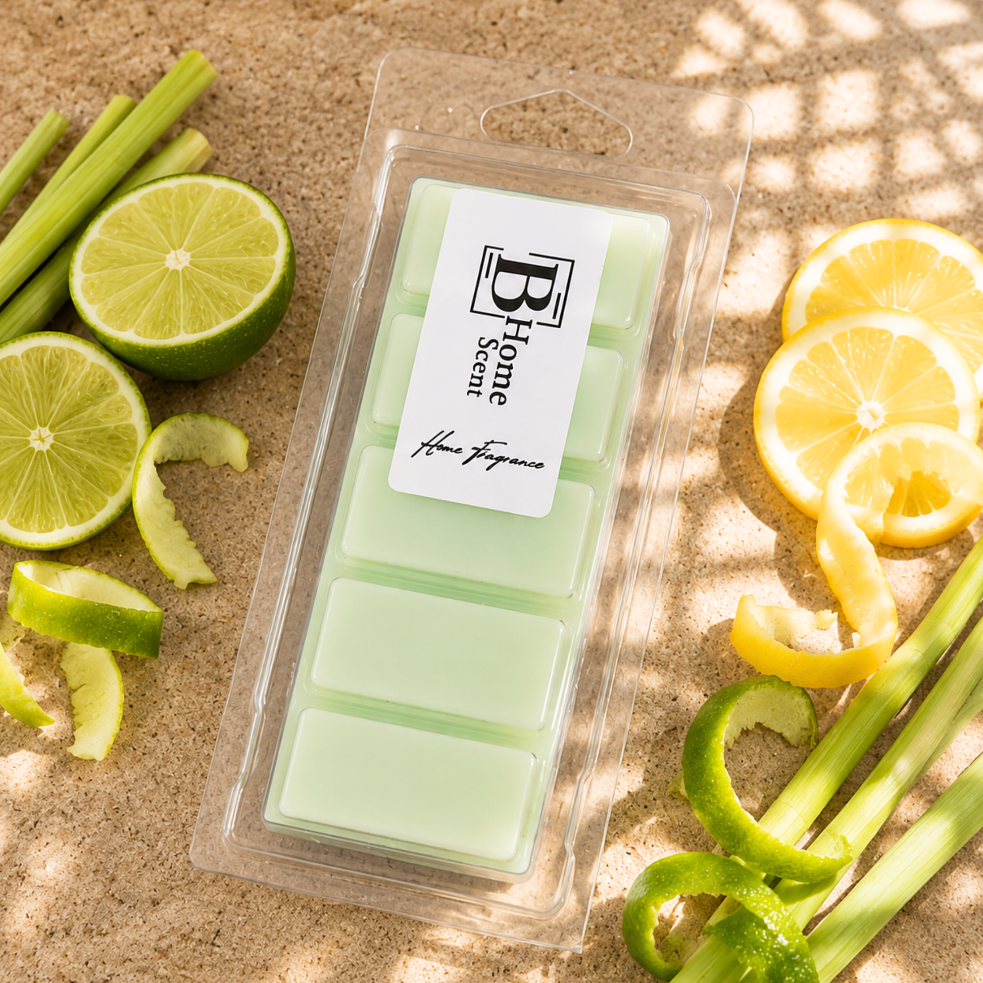Lemongrass and Lime Peel pale green wax melt snap bar styled with fresh limes, lemons, citrus peel and lemongrass.