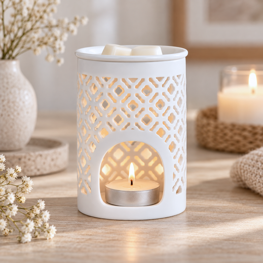 Lattice Cut Wax Melt Burner with tealight candle and wax melts, featuring a delicate cut-out design for a cozy glow.